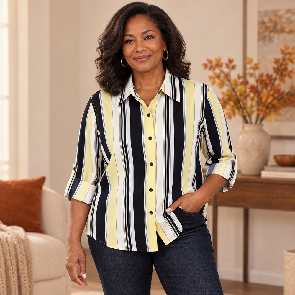Judith Hart Collection Button Down Women Size 8 Yellow Black Striped Top GF-1